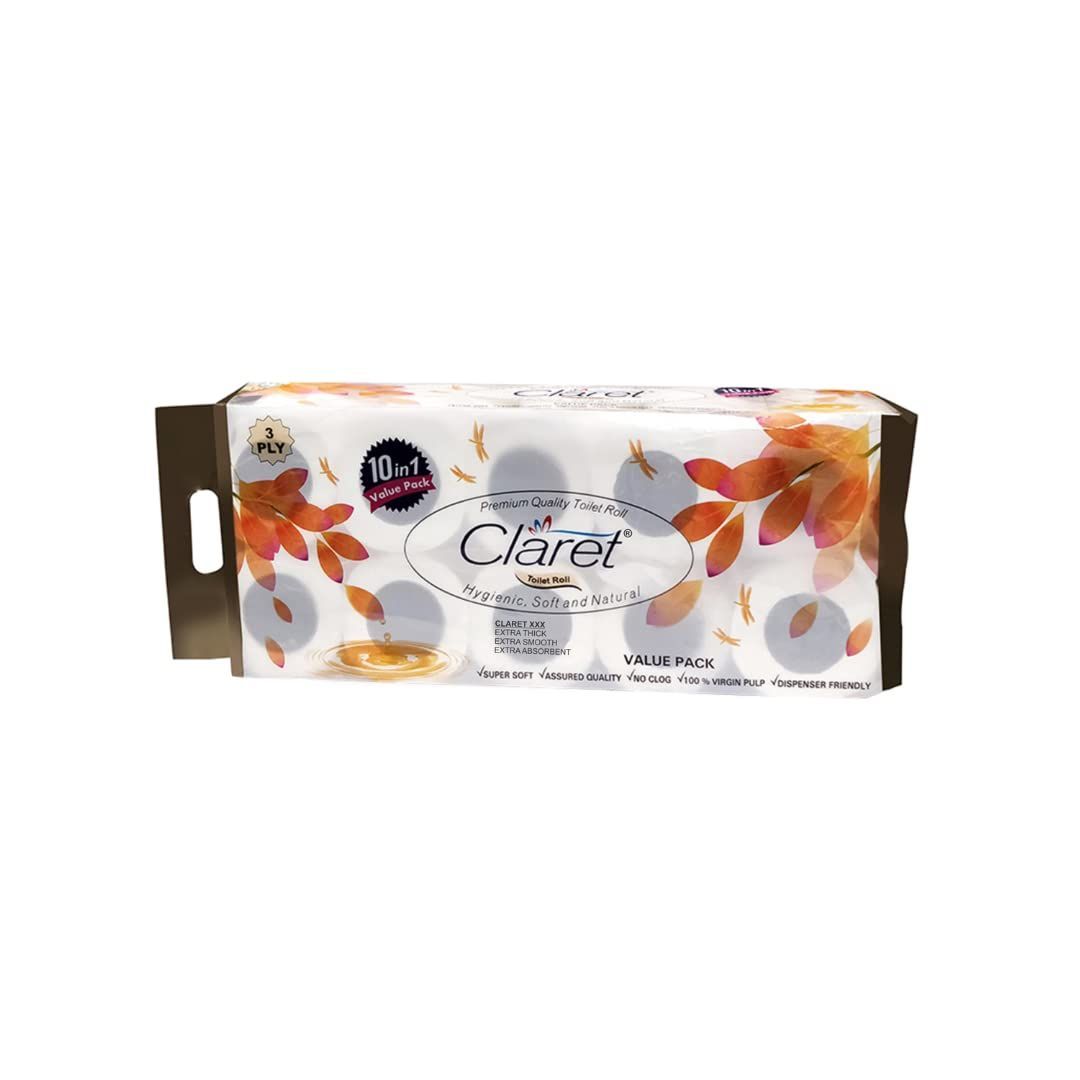 Claret Gold 10 in 1 Toilet paper,10 Rolls in 1 Packet, Super soft, Extra Absorbent, OBA Free Toilet Roll (3 Ply)