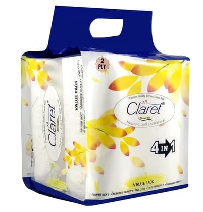 Claret 2-Ply Kitchen Towel Roll - 100 Sheets per Roll, Soft, Hygienic, Highly Absorbent, Natural & Durable, 4-in-1 Pack