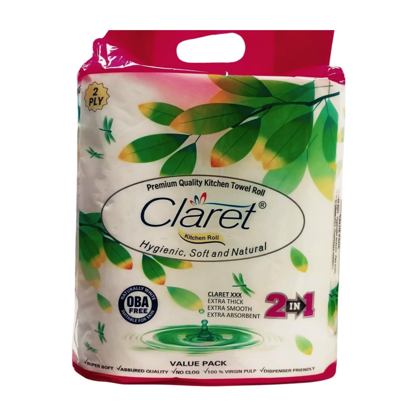 CLARET 2 IN 1 SOFT & NATURAL Claret 100 pulls per roll soft and highly absorbent 2 Ply Kitchen Tissue rolls, kitchen towels, kitchen roll, tissue paper roll for kitchen - 2 Ply 100 Pulls