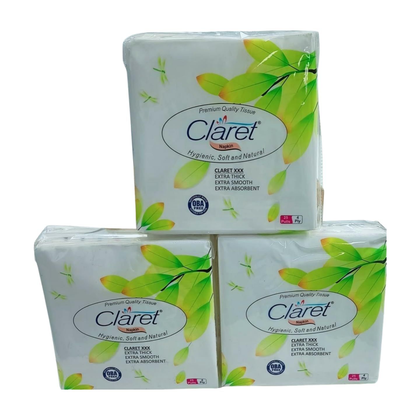 Claret Soft & Natural, Hygenic, Eco- Freindly, Biodegradeble Paper Napkins 40 x 40 25 Pulls 4 Ply (Pack of 3)