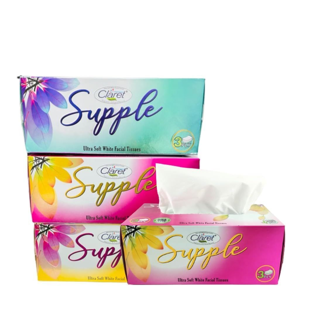 Claret supple ultra soft white facial tissues, Hygienic soft and Natural Extra thick, Smooth, Absorbent 75 Pulls 3 Ply 4 in 1 Pack