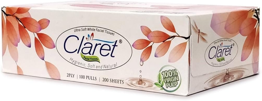 Claret Facial Tissue 100 Pull 20 * 20, 2PLY,Soft & Absorbent Party Disposable Napkins for Parties, Events, and Dining Use Pk 2