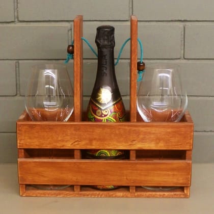 BARISH - Wine & Glass Holder | Handcrafted with Rubberwood | Table Top Rack Stand for Wine Bottle and Two Glasses I 13 x 13.5 x 4.5 Inches