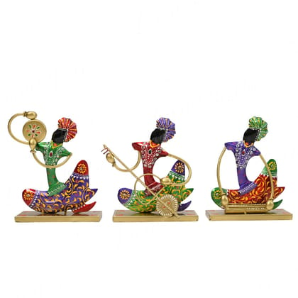 Manoj Art - Multicolor Rajasthani Tribal Musician Playing Different Instrument Showpiece Statue | Metal Home Decor Items | Home Decorative Items for Living Room | Set of 3