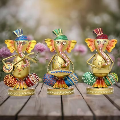 Manoj Art - Musical Ganesha Statues Set Of 3 Hand Painted Wrought Iron Figurines For Home