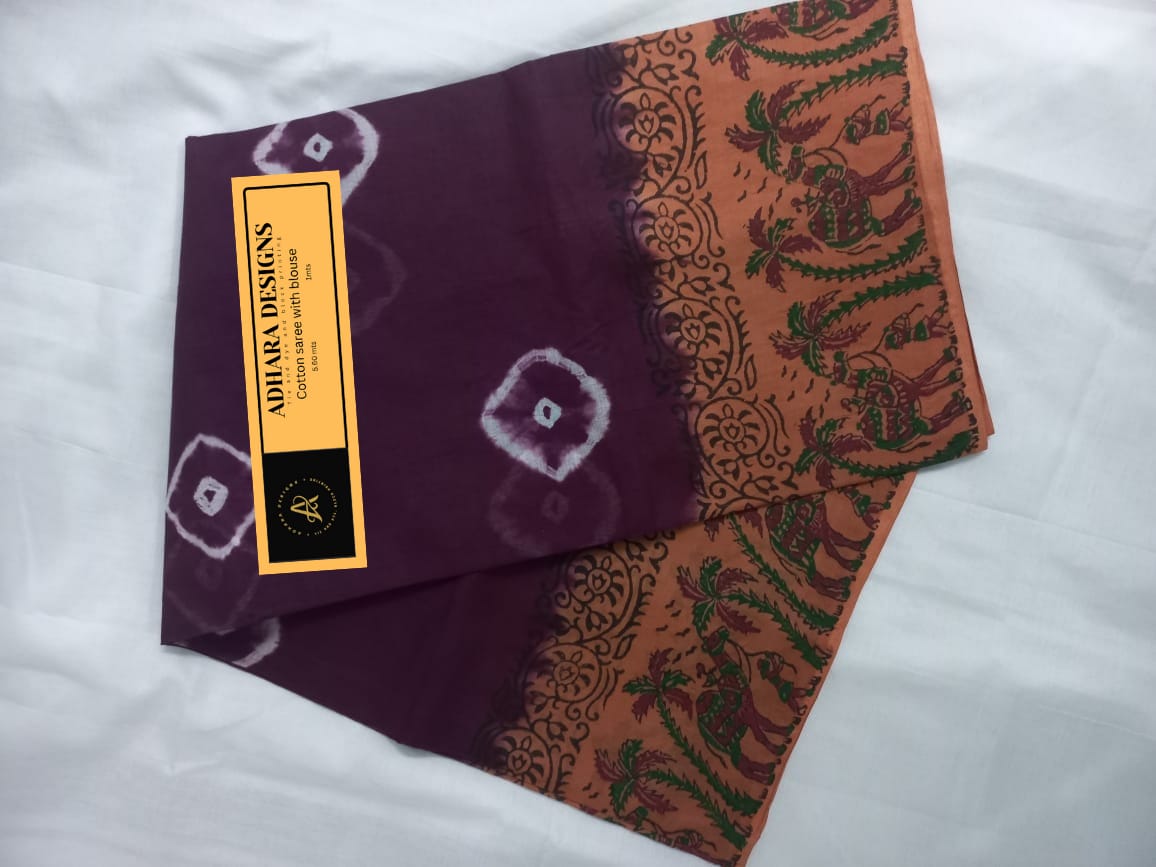 ADHARA DESIGNS Tie and dye and block printing cotton saree with blouse