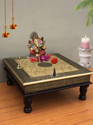 Wood Crafts man Wooden Chowki | Floral Painting Decorative Bajot for Sitting Pooja Temple