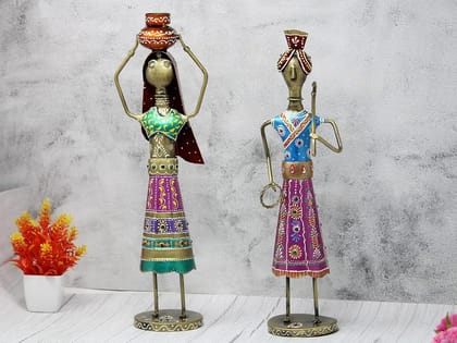 Jyoti handicraft Handpainted Tribal Rajasthani Kishan Couple Decorative Gift Item | Home Decor Showpiece | Multicolour | Length 4 inch x Height 15.5 inch | Set of 2 pcs | Unique Handicraft Accent