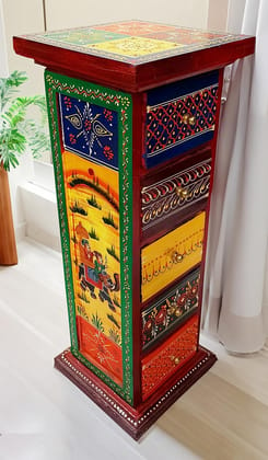 Wood Crafts man Rajasthani Handcrafted Decorative Fancy Beautiful Traditional Attractive Antique Designer Multipurpose Glossy Finish Multicolour Elephant Dhola Maru & Multiple design Wooden Storage Five Drawer Pillar