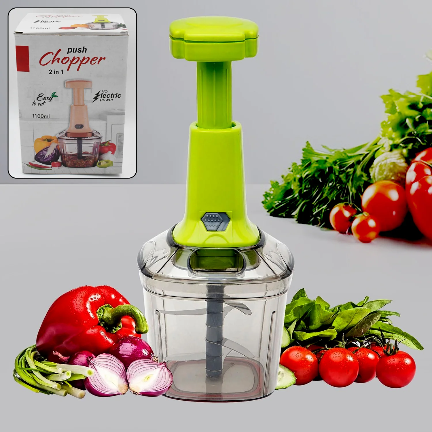 Easy to Use Hand Press Fruits and Vegetable Push Chopper 1100ml for Kitchen 4 Sharp Stainless Steel Blades, Unbreakable Food-Grade Plastic, Anti-Slip Base,