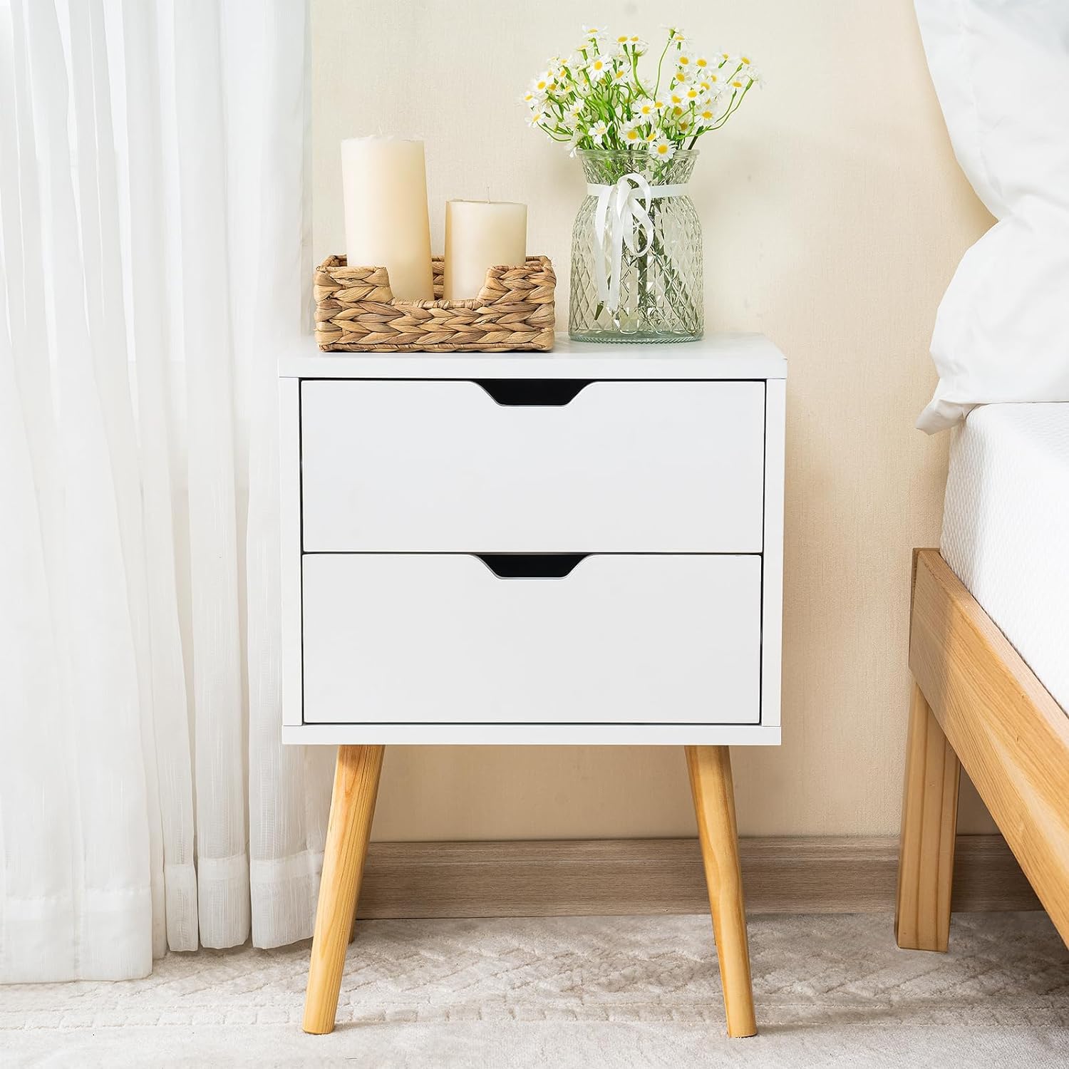 Wood Crafts man Bedside Tables, Wooden Nightstands with Solid Wood Legs & 2 Drawers, End Tables Storage Units for Living Room/Bedroom,etc .(White)