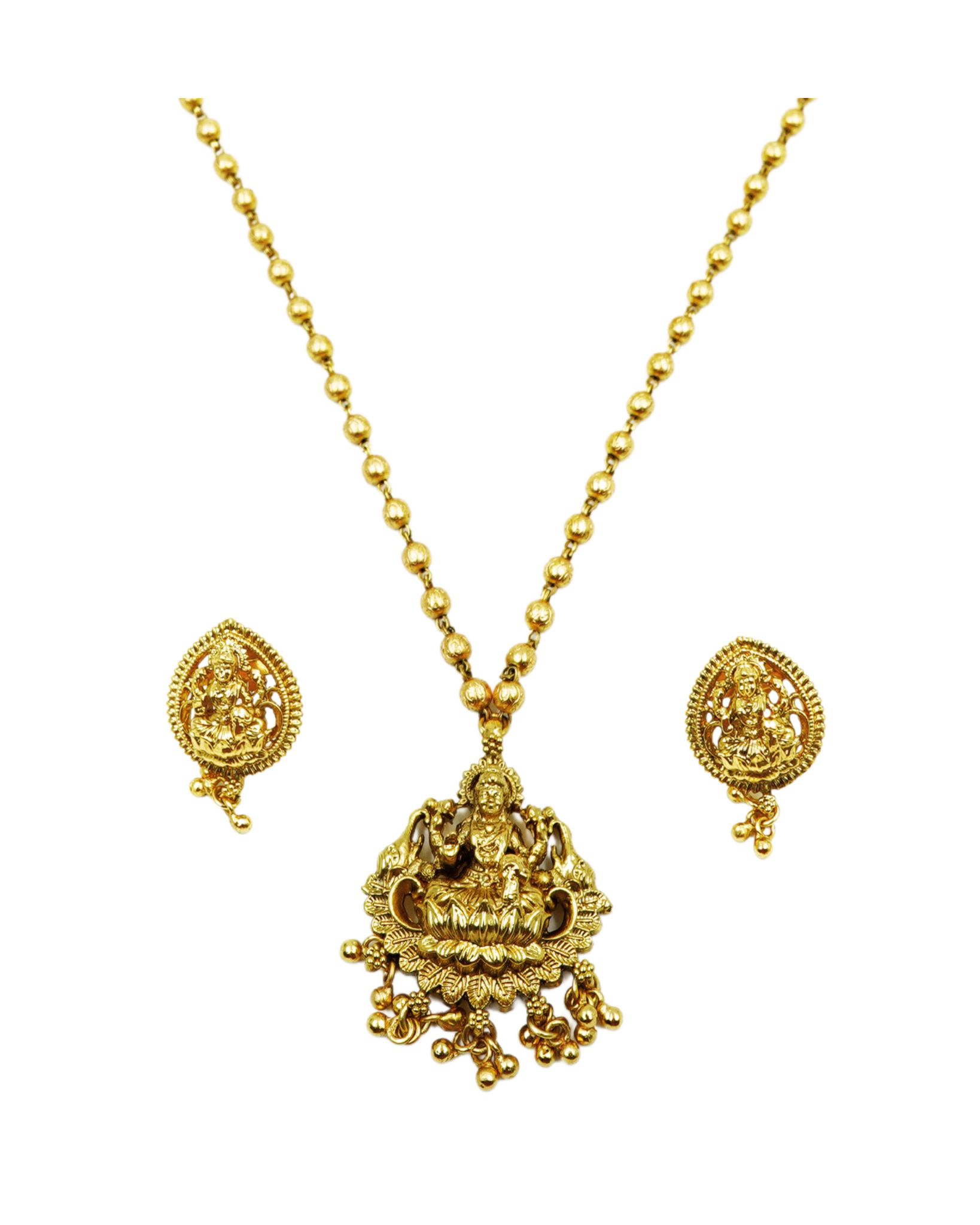  Gold-plated Goddess Lakshmi Pendant Set with Earrings