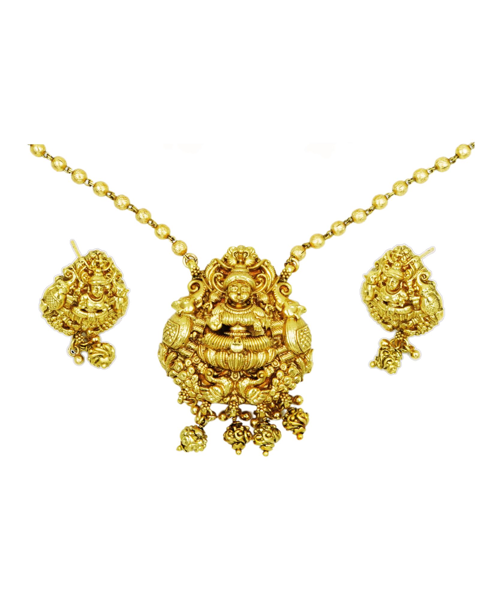  Gold-plated antique finish temple jewellery set with Goddess Lakshmi pendant and earrings