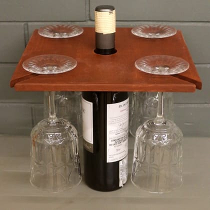 BARISH - Wine & Glass Holder | Handcrafted with Rubberwood | Holds Wine Bottle and Four Glasses I 10 x 10 x 0.5 Inches