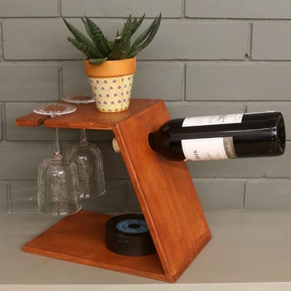 BARISH - Wine and Glass Holder | Handcrafted with Rubberwood | Holds Wine Bottle and Two Glasses I 11 x 10 x 8 Inches