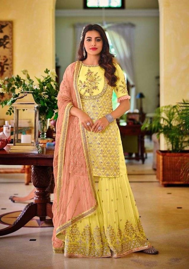 Yellow Heavy Georgette Wedding Sharara Suits 1362