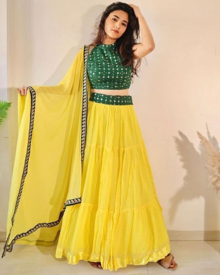 Green & Yellow Georgette Lehenga 1501