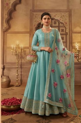 Bold Blue Heavy Silk Anarkali Semi Stitch Wedding Gowns 63696