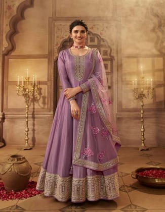 Pretty Purple Silk Anarkali Semi Stitch Wedding Gowns 63695