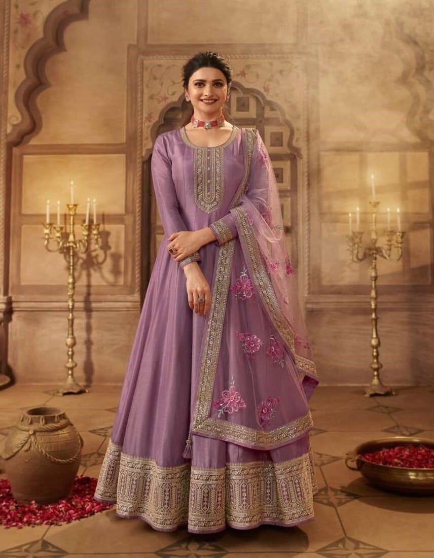 Pretty Purple Silk Anarkali Semi Stitch Wedding Gowns 63695