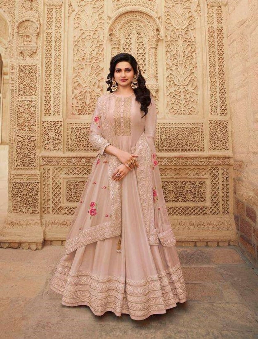 Cream Premium Silk Anarkali Semi Stitch Gowns 13922