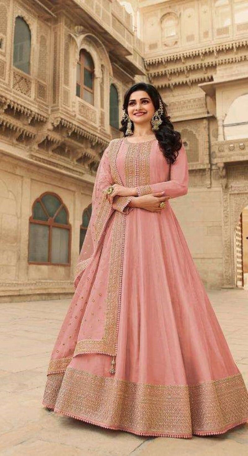 Baby Pink Silk Anarkali Semi Stitch Gowns 13925