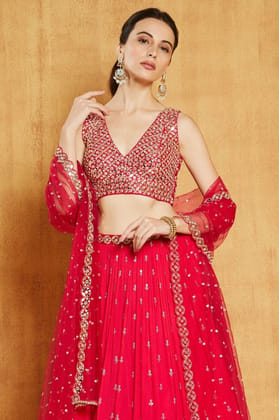 Party Wear Red Georgette Semi Stitch Lehenga E-011