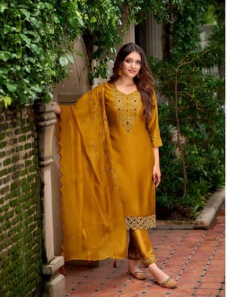 Yellow Handwork Silk Full Stitched Suits With Organza Work Dupatta 14004