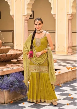 Lemon Green Chinon Silk Gharara Suit For Weddings 1655