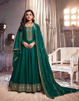 Peacock Green Silk Anarkali Semi Stitch Gowns 41201