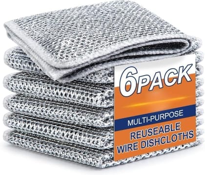 Double-Sided Multipurpose Microfiber Cloths, Stainless Steel Scrubber, Non-Scratch Wire Dishcloth, Durable Kitchen Scrub Cloth, Hard Stain Remover (1 Pc / 20 X 20 Cm) - 6 PCS