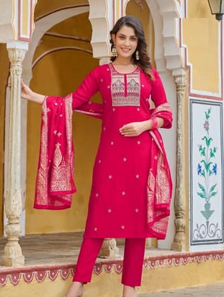 Pink Jacquard Silk Hand Embroidery Churidar Suits