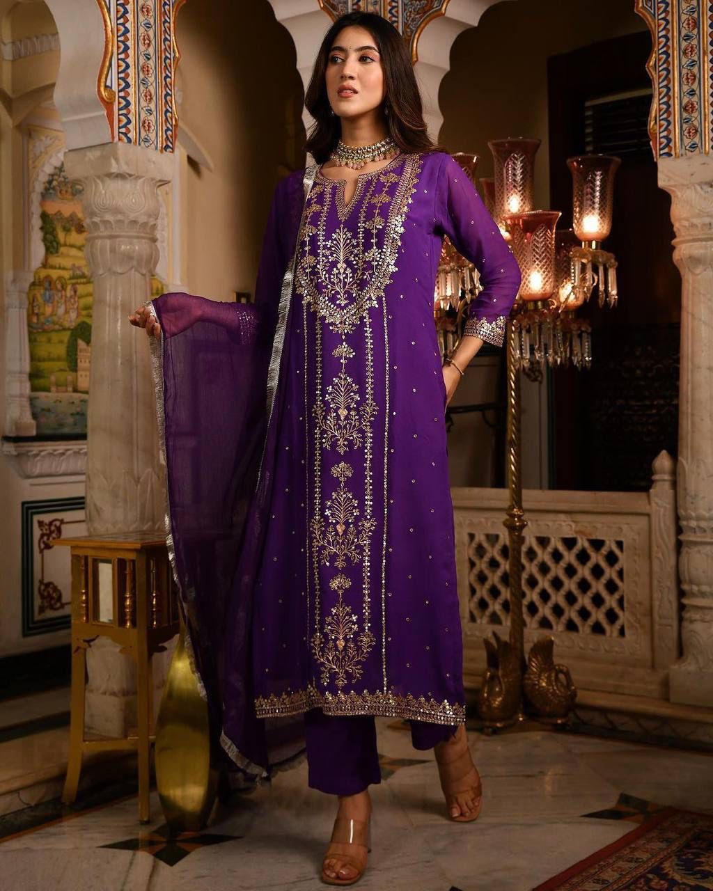 Heavy Gota Work Embroidery Georgette Churidar Suits 2001