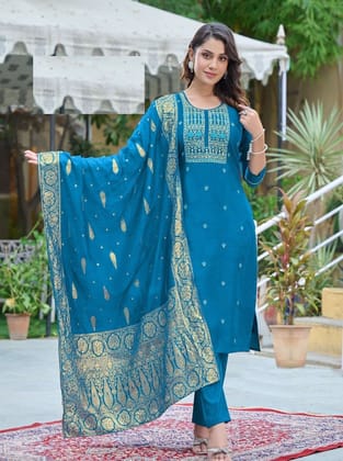 Ocean Blue Heavy Jacquard Silk Hand Embroidery Churidar Suits 1004