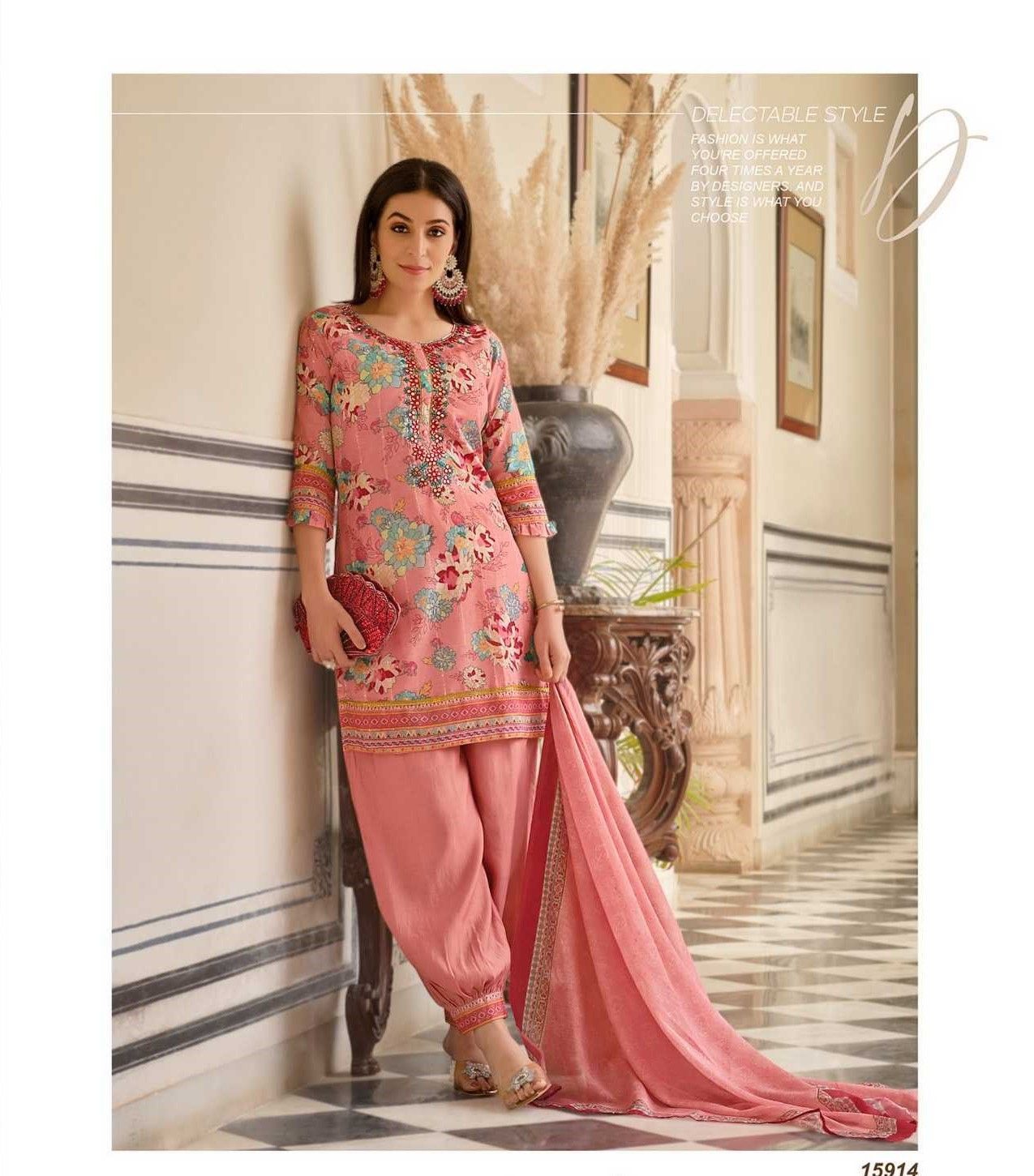 Pastel Pink Floral Print Silk Afghani Suits 15914