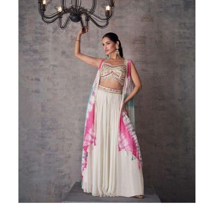 Off White Heavy Sequins Work Wedding Indowestern Crop Top, Palazzo & Shrug Set 5467