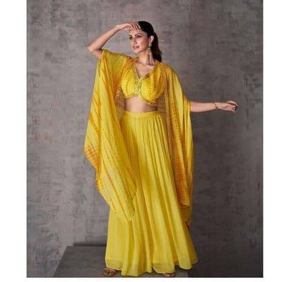 Yellow Heavy Sequins Work Wedding Indowestern Crop Top, Palazzo & Shrug Set 5469