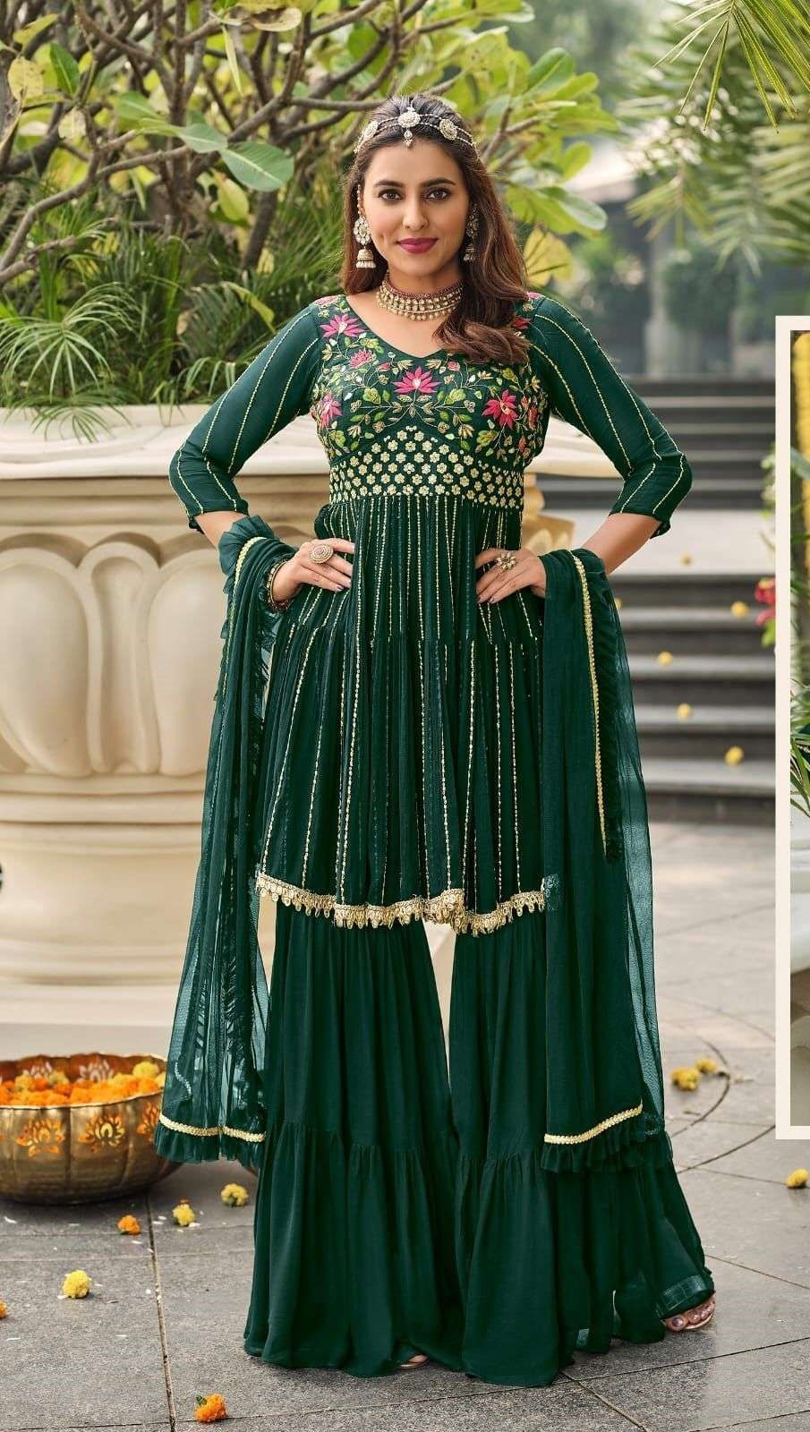 Dark Green Georgette Full Stitch Wedding Gharara Suit 104