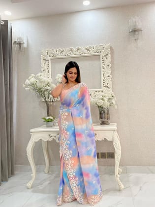 Light Pink & Blue Tie Dye Print Heavy Sequins Work Georgette Party Wear Saree 18044