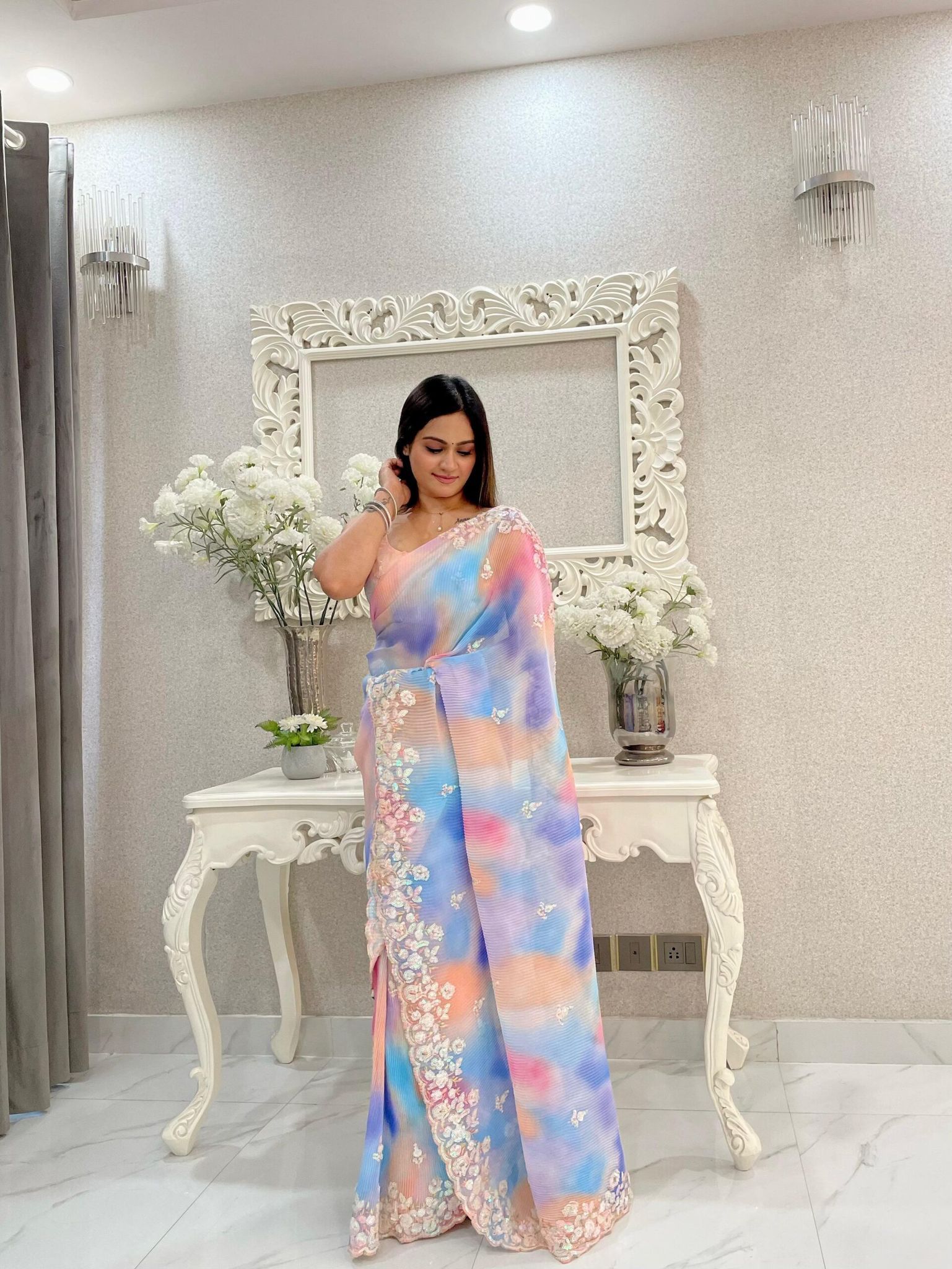 Light Pink & Blue Tie Dye Print Heavy Sequins Work Georgette Party Wear Saree 18044