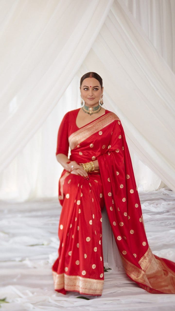  Red Banarasi Silk Saree With Golden Zari Butta Work