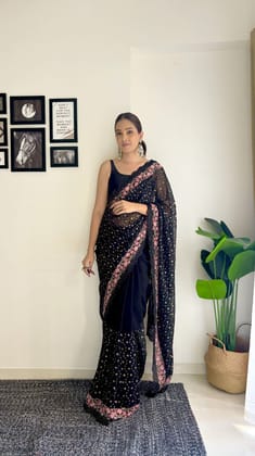 Beautiful Black Heavy Embroidered Net Sequins Work Saree 18061