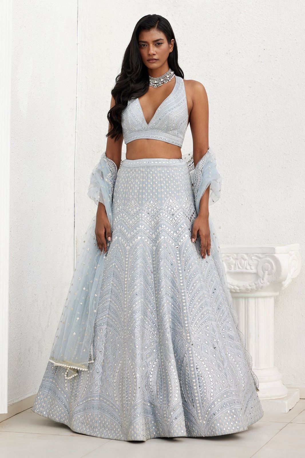 Steel Grey Heavy Banglori Silk  Mirror Work Wedding Lehenga V3-357