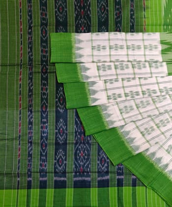 White Green Sambalpuri Handwoven Single Ikat Cotton Saree SFCSAR1786