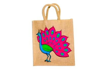 Eco-Friendly Jute Reusable peacock Unique design Printed Bag ideal for Tiffin Grocery Fruits Vegetable with Hard Grip Handle Big Reusable Hravy quality Bag for Men Women