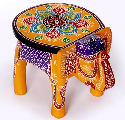 Prabha International -Wooden Elephant Stool, Puja Stool and Planter Stand for Living Room/Bedroom/Kitchen/Balcony and Office Stool, Embossed Painted, Elephant Shape (Orange)