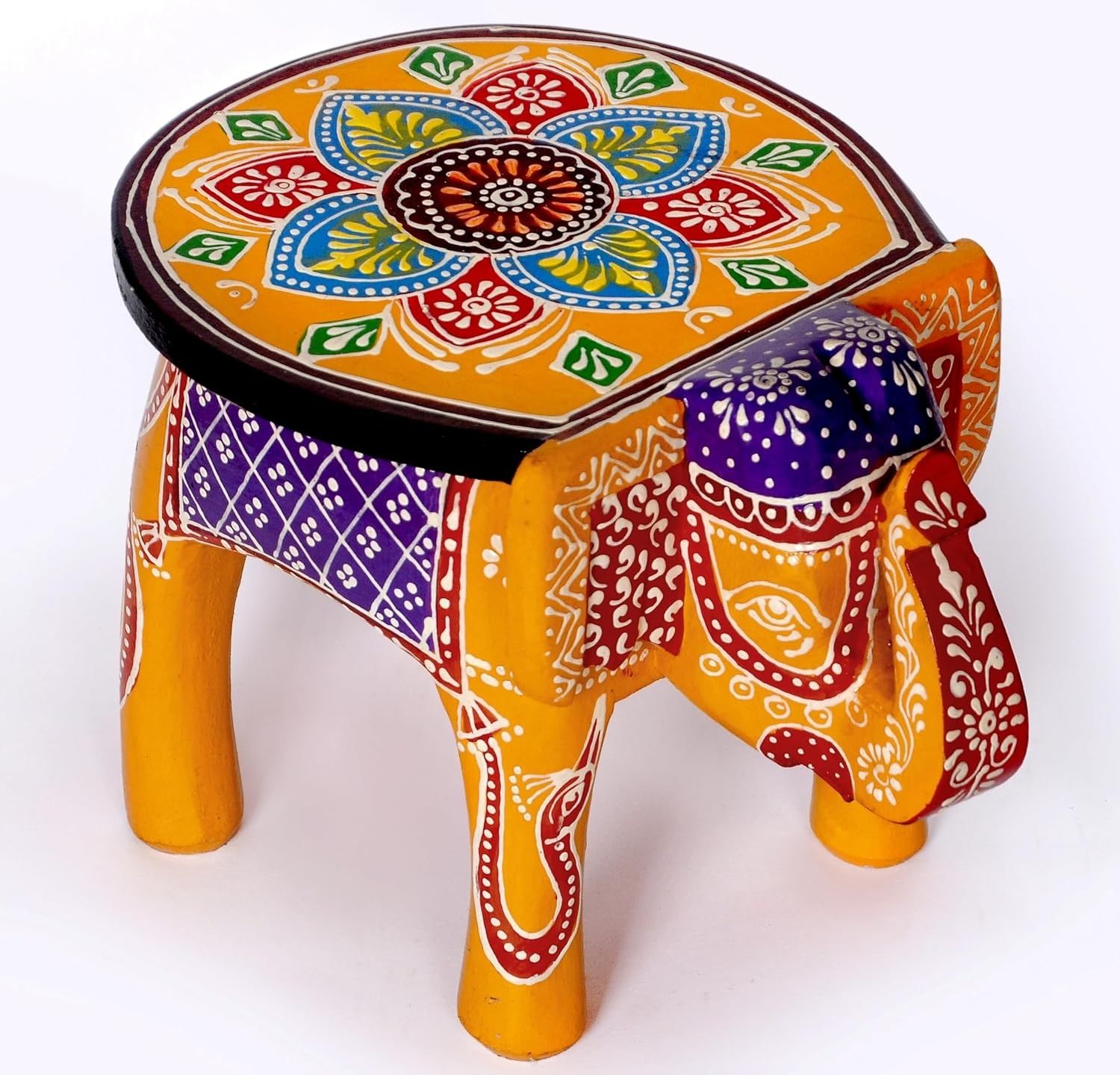 Prabha International -Wooden Elephant Stool, Puja Stool and Planter Stand for Living Room/Bedroom/Kitchen/Balcony and Office Stool, Embossed Painted, Elephant Shape (Orange)