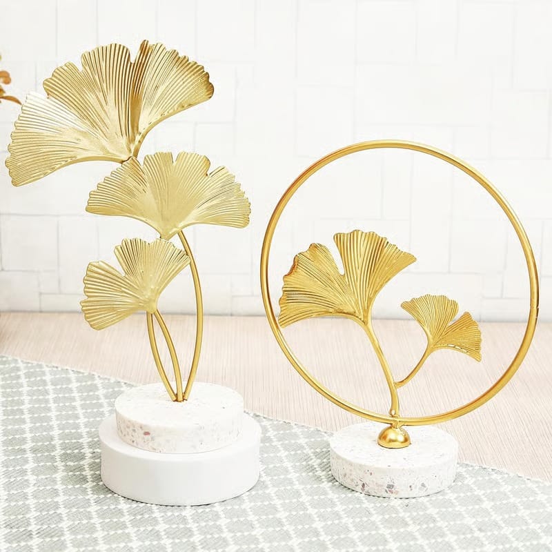 Sky Vibes Studios2 Pcs Metal Leaf Showpiece For Table Top Decoration Centerpiece Bookshelf Desk Home Decor Living Room Bedroom Shelf Office Gifting Decorative Items - Golden