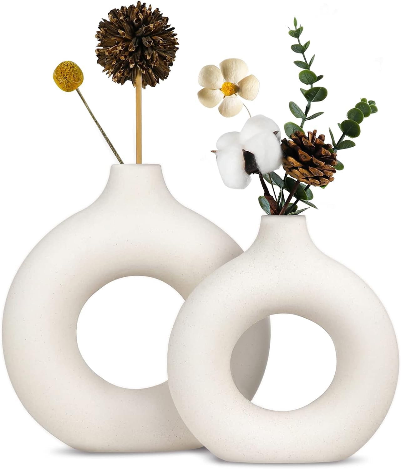 Sky Vibes Studios Decorative Donut Vase Set of 2 (White, 8.5 & 6 Inches) for Flowers Plants Pampas Grass Home Decor