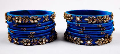 Set of 12, Blue Silk Thread Bangle Set with Rhinestone Accents